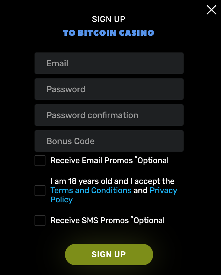 BitcoinCasino.us Sign Up Form